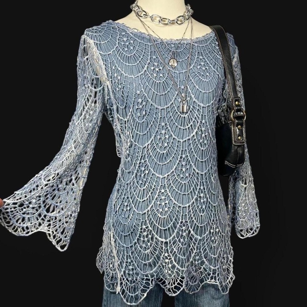 Y2K Bell Sleeve Scallop Print Crochet Knit Layered Top Whimsigoth Boho Womens S